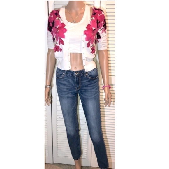 INC International Concepts White mini cardigan with Hot Pink Embellished flowers - Picture 3 of 12